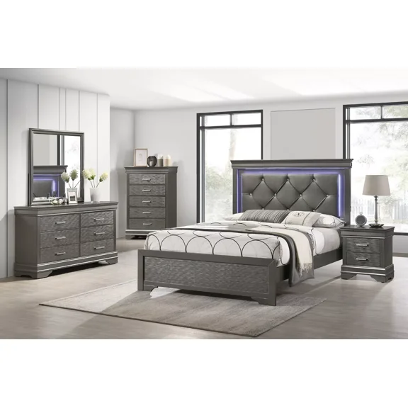 Gorgeous Gray Queen Size 6Pc Bedroom Set Bed Dresser Mirror Nightstand Chest Unique Tufted w LED