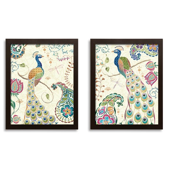 Gorgeous Green and Blue Patterned Peacock Set by Daphne Brissonnet; Two 11x14in Brown Framed Prints; Ready to hang!