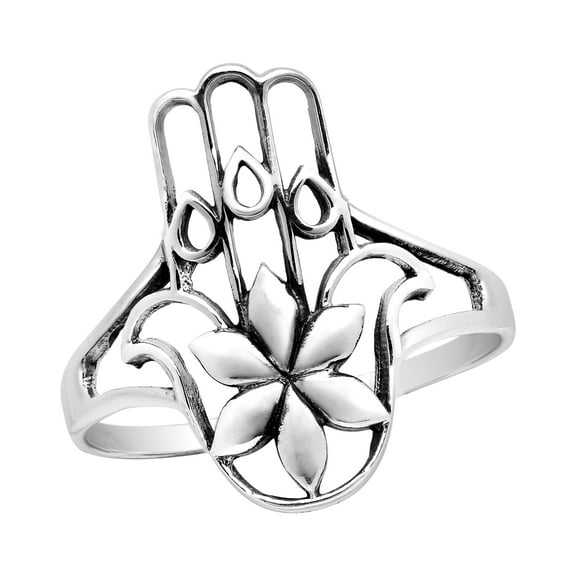 Gorgeous Hamsa Hand Lotus Blossom Sterling Silver Ring-9