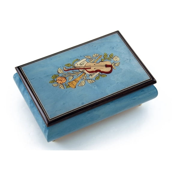 Gorgeous Handcrafted 30 Note Light Blue Musical Instrument Theme Wood Inlay Music Box - Wonderful Tonight
