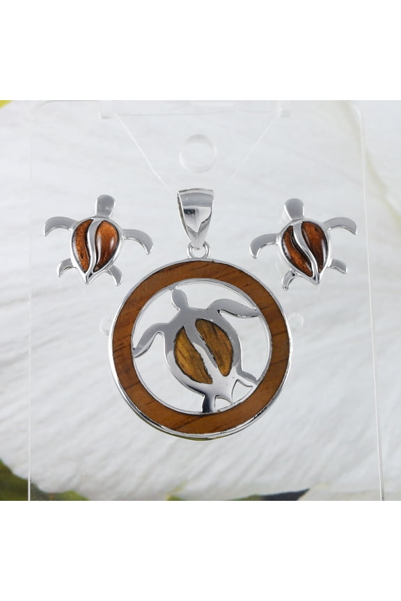 Gorgeous Hawaiian Genuine Koa Wood Sea Turtle Earring and Necklace, Sterling Silver Koa Wood Turtle Pendant, N8859S Birthday Mother Gift