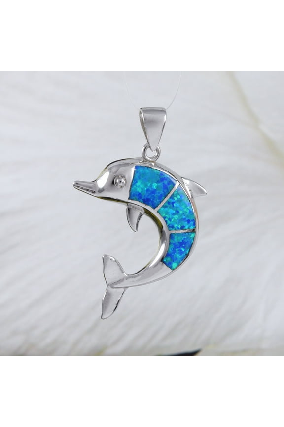 Gorgeous Hawaiian Large Blue Opal Dolphin Necklace, Sterling Silver Blue Opal Dolphin Pendant, N6030 Birthday Valentine Mom Gift