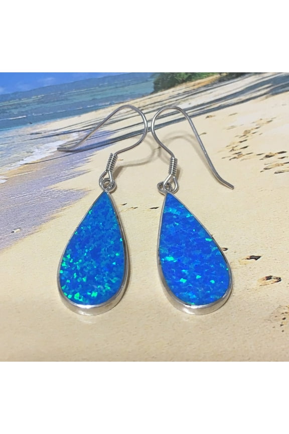 Gorgeous Hawaiian Large Blue Opal Rain Drop Earring, Sterling Silver Blue Opal Inlay Dangle Earring, E4178 Statement PC, Birthday Mom Gift