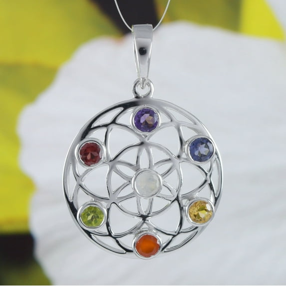 Gorgeous Hawaiian Large Genuine Amethyst Citrine Garnet Moonstone Peridot Star Necklace, Sterling Silver Rainbow Gemstone Pendant, N9009