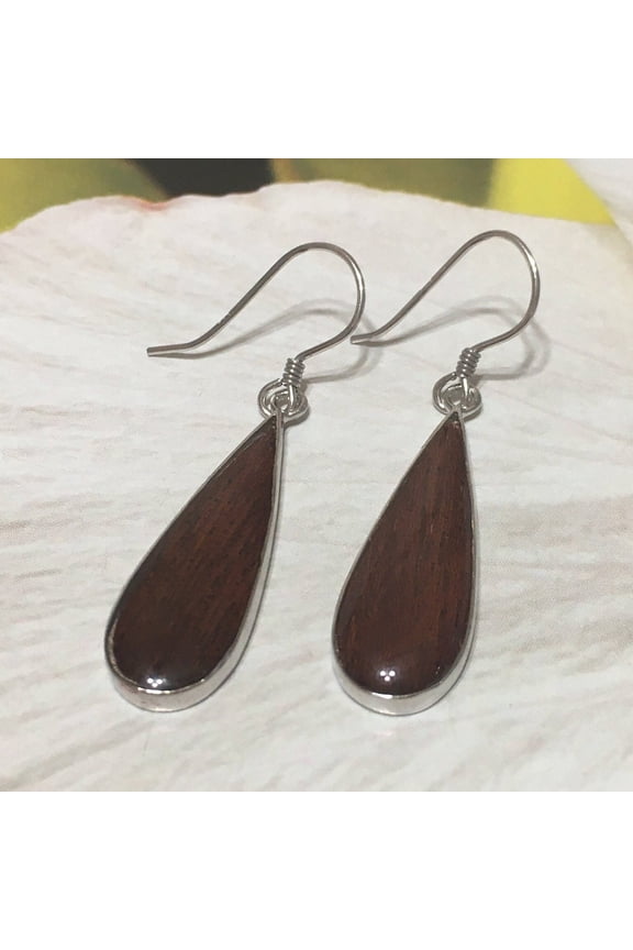 Gorgeous Hawaiian Large Genuine Koa Wood Rain Drop Earring, Sterling Silver Koa Wood Inlay Dangle Earring, E8195 Statement PC, Birthday Gift