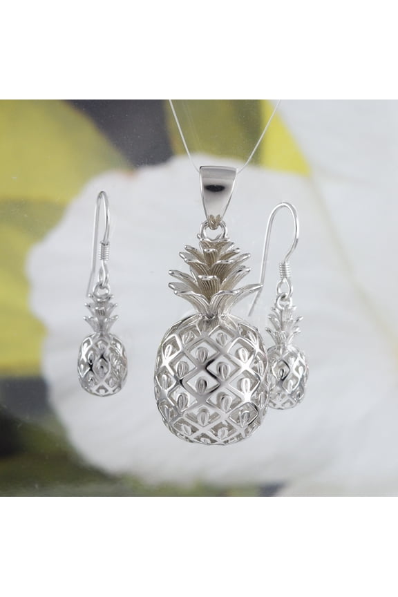 Gorgeous Hawaiian X-Large 3D Pineapple Earring and Necklace, Sterling Silver Pineapple Pendant, N6132S Birthday Mom Valentine Gift