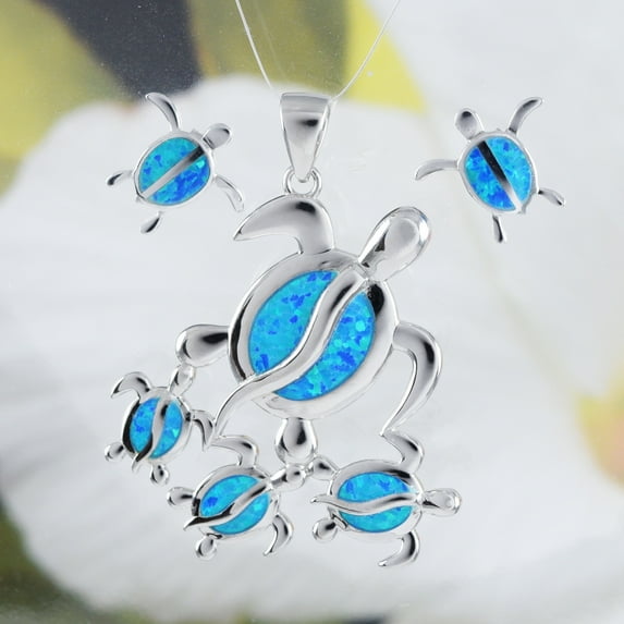 Paradise Hawaii Gifts Sea Turtle Necklace Set, Blue Opal Sterling Silver Necklace and Earrings