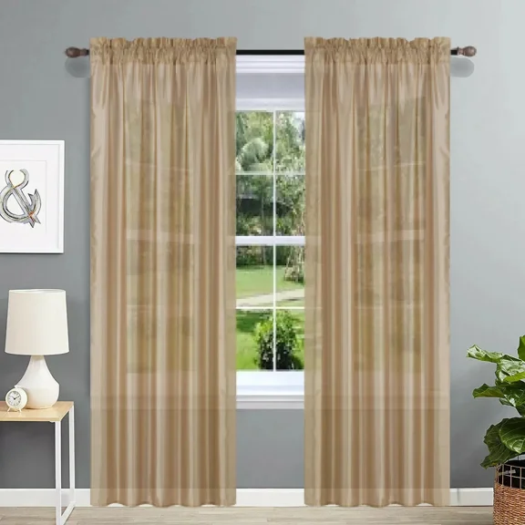 Gorgeous Home Linen 2PC MR2 Gold Solid Color Faux Silk Semisheer See Through Rod pocket Window Curtain Panels 55" Wide X 95" Long Each pc