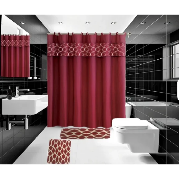 Gorgeous Home Linen 15-Piece Bathroom Set 2-Rugs/Mats, 1 -Fabric Shower Curtain, 12-Fabric Covered Rings Geometric Dark Red