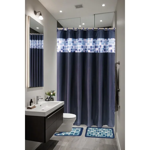 Gorgeous Home Linen 15pc Square Design Mosaic Navy Blue Bathroom Set Banded Rubber Backing 2 Rug Bath Mats With Fabric Shower Curtain with Hooks