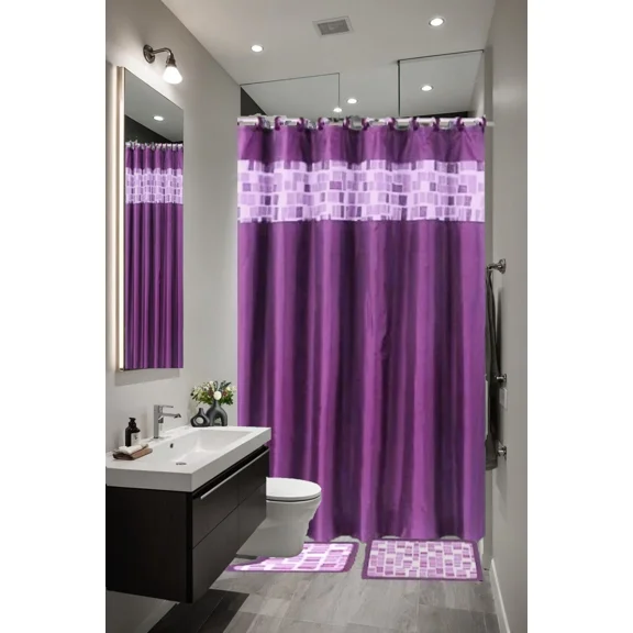 Gorgeous Home Linen 15pc Square Design Mosaic Purple Bathroom Set Banded Rubber Backing 2 Rug Bath Mats With Fabric Shower Curtain with Hooks