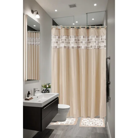 Gorgeous Home Linen 15pc Square Design Mosaic Taupe Beige Bathroom Set Banded Rubber Backing 2 Rug Bath Mats With Fabric Shower Curtain with Hooks
