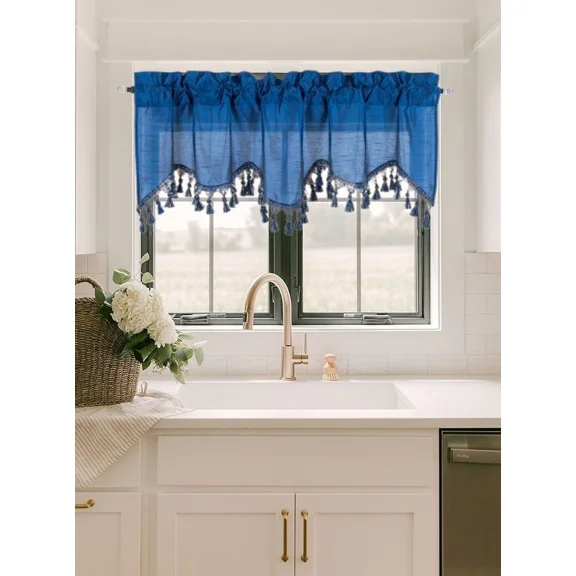 Gorgeous Home Linen 1Pc Wave Indigo Blue Waterfall Valance with Tassels Faux Silk Rod Pocket Semi Sheer Dressing Window 55" wide X 18" long for kitchen décor
