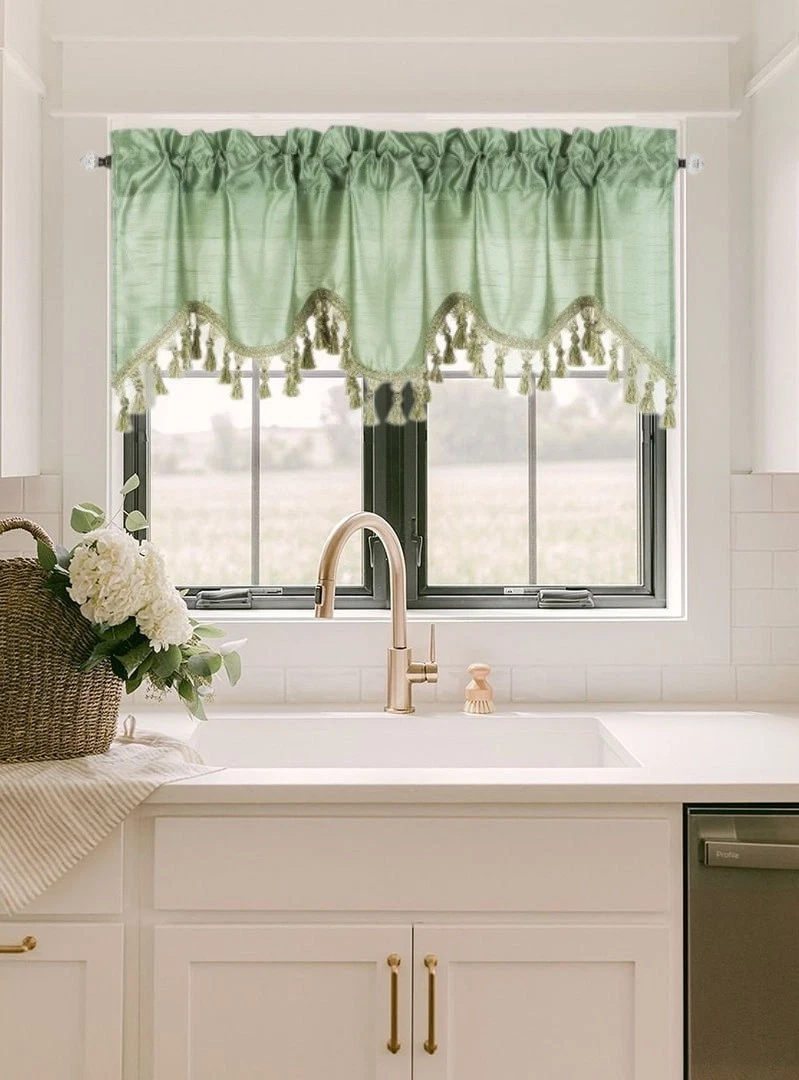 green window dressing Gorgeous Home Linen 1Pc Wave Light Waterfall Valance with Tassels Faux Silk Rod Pocket Semi Sheer 55