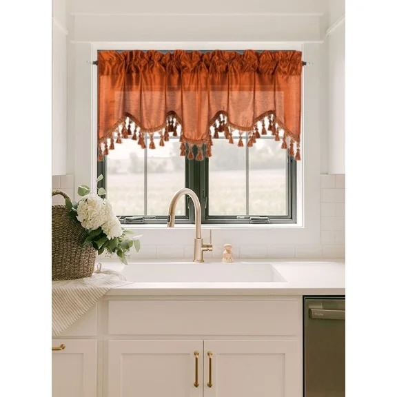 Gorgeous Home Linen 1Pc Wave Rust Orange Waterfall Valance with Tassels Faux Silk Rod Pocket Semi Sheer Dressing Window 55" wide X 18" long for kitchen décor