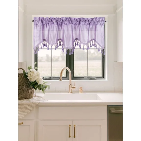 Gorgeous Home Linen 1Pc Wave Violet Purple Waterfall Valance with Tassels Faux Silk Rod Pocket Semi Sheer Dressing Window 55" wide X 18" long for kitchen décor