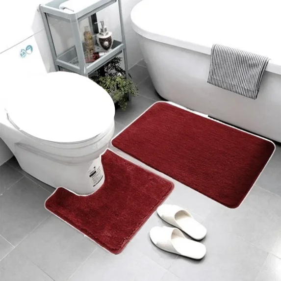 Gorgeous Home Linen 2-Piece Burgundy Solid Print Polyester Bath Mats with Non-Slip Backing