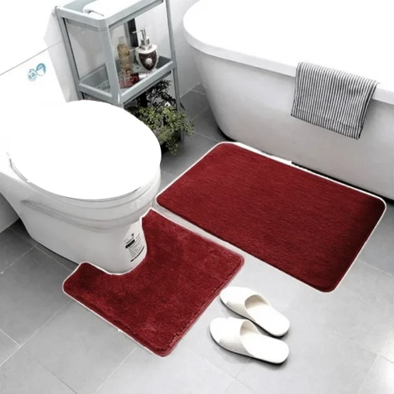 Gorgeous Home Linen 2-Piece Burgundy Solid Print Polyester Bath Mats with Non-Slip Backing