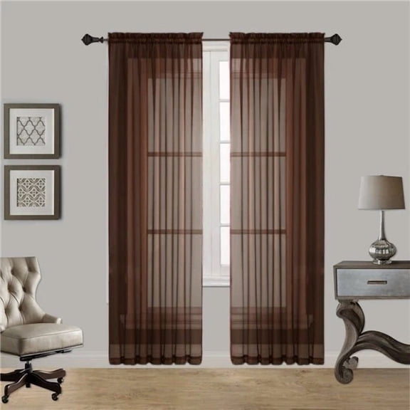 Gorgeous Home Linen 2pc Brown Coffee Solid Sheer Voile Window Curtain Set, Rod Pocket Panels 54"W x 84"L (Each)