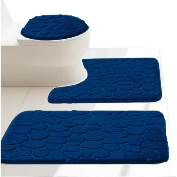 Gorgeous Home Linen 3-Piece Memory Foam Bathroom Rug Set, Non-Slip Embossed Cobblestone Pebble, Navy Blue