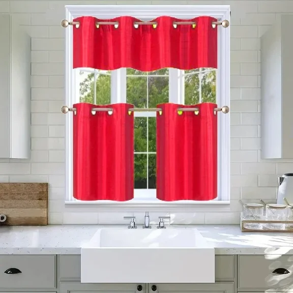 Gorgeous Home Linen 3-Piece Solid Blackout Grommet Kitchen Curtain Set with Two 28x24in Tiers and One Matching 54x14in Valance Bright Red