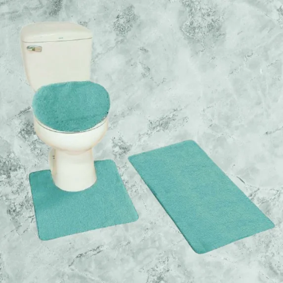 Gorgeous Home Linen 3pc Bathroom Soft Rug Set Large Rug , Contour Mat, and Toilet Lid Cover Rubber Backing Solid Color Teal Blue #6