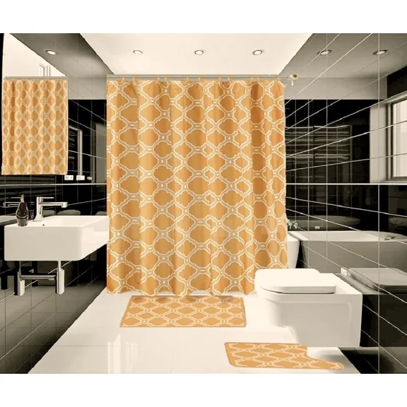 Gorgeous Home Linen Honeycomb Print 15-Piece Bath Bundle, Includes Fabric Shower Curtain, 12 Fabric Hooks and 2 Rugs (Gold Honey)