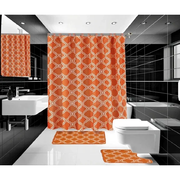 Gorgeous Home Linen Honeycomb Print 15-Piece Bath Bundle, Includes Fabric Shower Curtain, 12 Fabric Hooks and 2 Rugs (Orange)