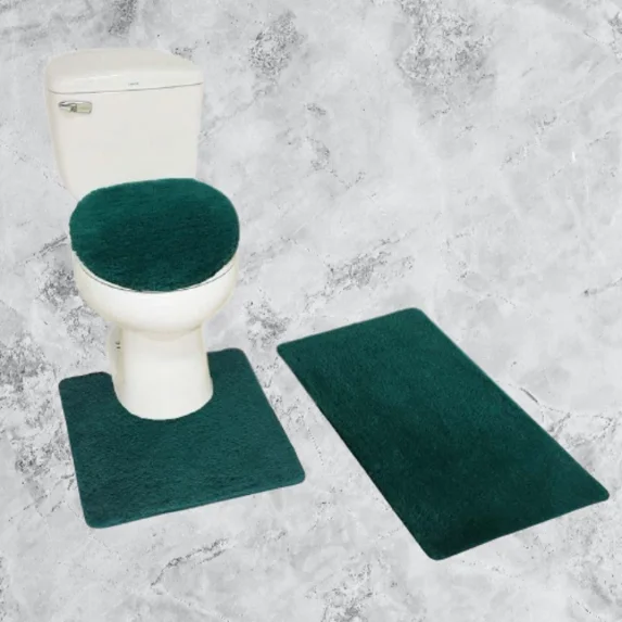 Gorgeous Home Linen 3pc Bathroom Soft Rug Set Large Rug , Contour Mat, and Toilet Lid Cover Rubber Backing Solid Color Hunter Green #6