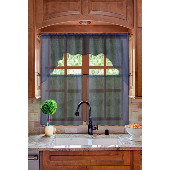 Gorgeous Home Linen K66 3-Piece Sheer Organza Kitchen Curtain Set with Swag Valance, Dark Blue