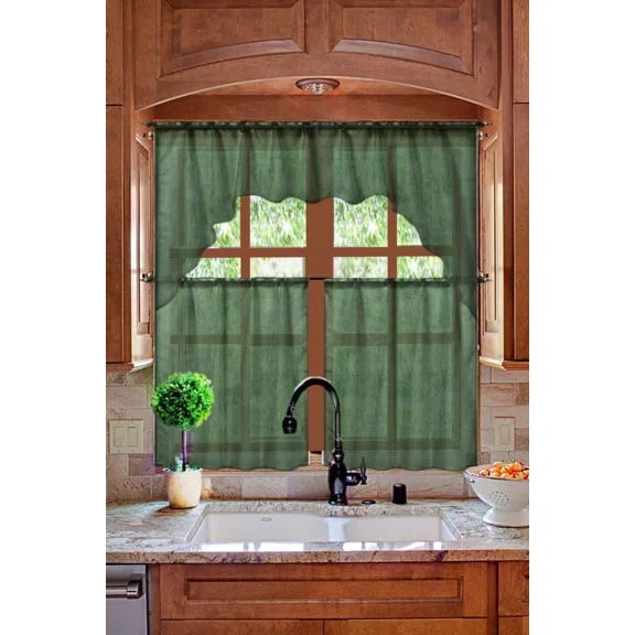 Gorgeous Home Linen K66 3-Piece Sheer Organza Kitchen Curtain Set with Swag Valance, Dark Green