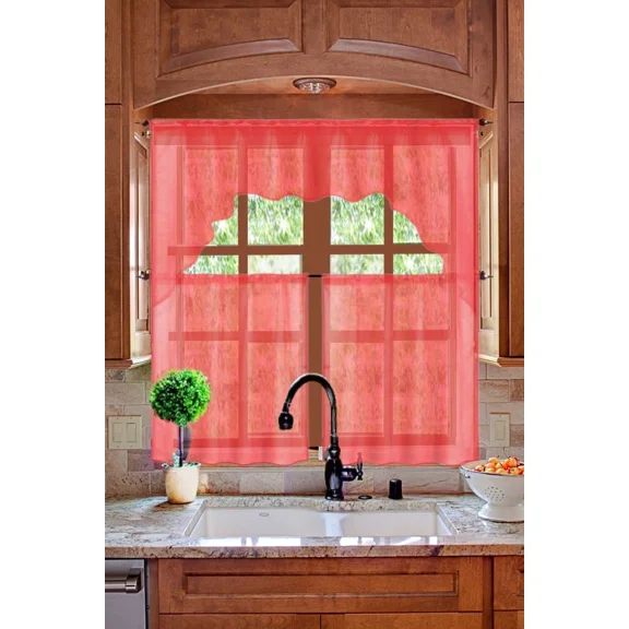 Gorgeous Home Linen K66 3-Piece Sheer Organza Kitchen Curtain Set with Swag Valance, Red