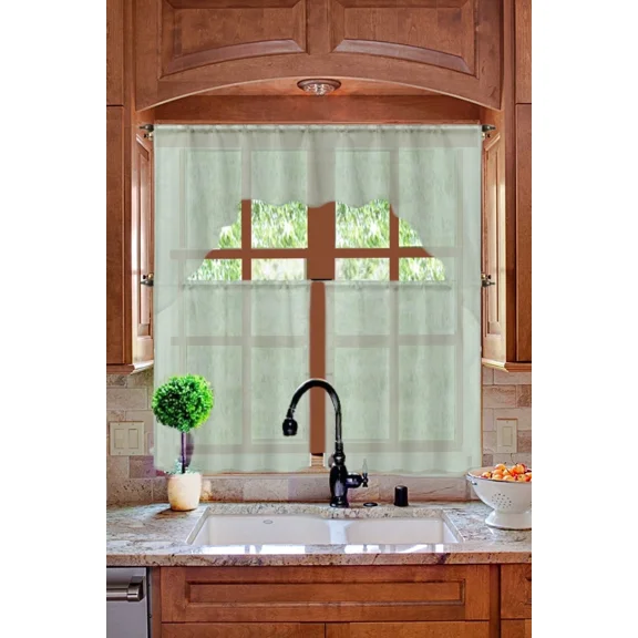 Gorgeous Home Linen K66 3-Piece Sheer Organza Kitchen Curtain Set with Swag Valance, Silver