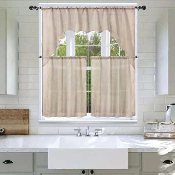 Gorgeous Home Linen 3-Piece Sheer Organza Kitchen Curtain Set with Swag Valance, Taupe