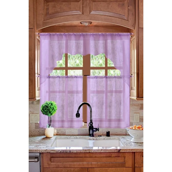 Gorgeous Home Linen K66 3-Piece Sheer Organza Kitchen Curtain Set with Swag Valance, Violet Lilac