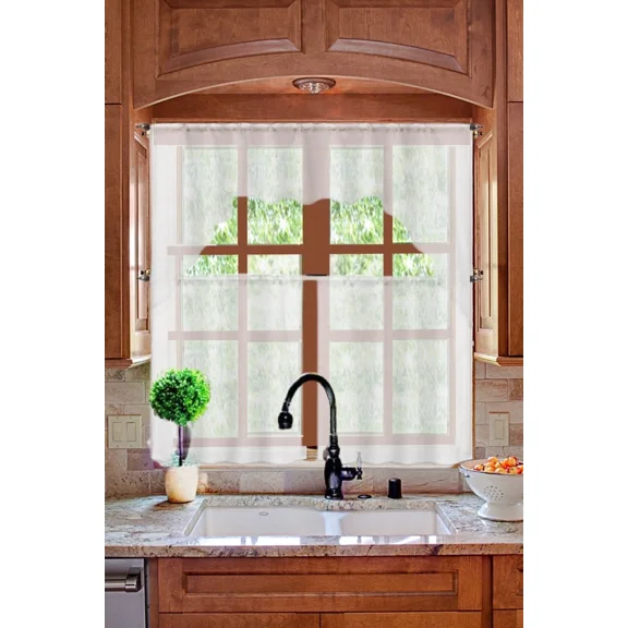 Gorgeous Home Linen K66 3-Piece Sheer Organza Kitchen Curtain Set with Swag Valance, White