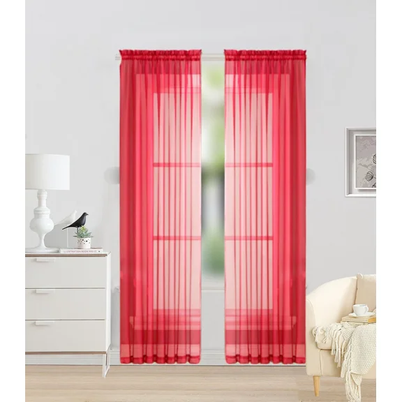 Gorgeous Home Linen Light Filtering Voile Curtain Panel, Solid Color, Rod Pocket 2-Piece Bright Red