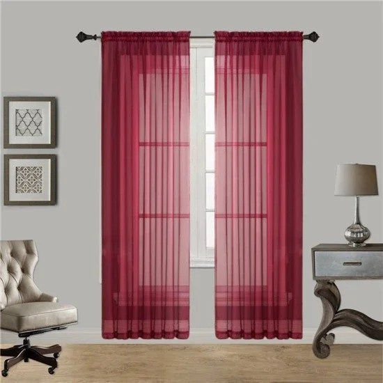 Gorgeous Home 2pc Voile Sheer Window Curtain Panels, Rod Pocket, 84" long Solid Color Burgundy