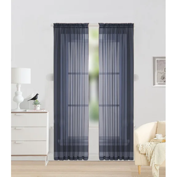 Gorgeous Home Linen Light Filtering Voile Curtain Panel, Solid Color, Rod Pocket 2-Piece Dark Blue