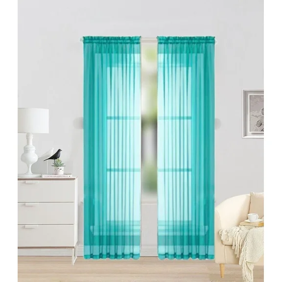 Gorgeous Home Linen Light Filtering Voile Curtain Panel, Solid Color, Rod Pocket 2-Piece Green Teal