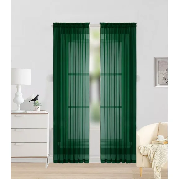 Gorgeous Home Linen Light Filtering Voile Curtain Panel, Solid Color, Rod Pocket 2-Piece Hunter Green