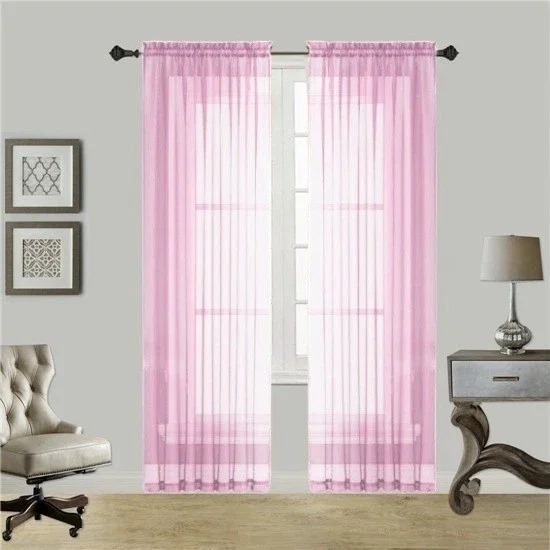 Gorgeous Home 2pc Voile Sheer Window Curtain Panels, Rod Pocket, 84" long Solid Color Pink