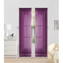 Gorgeous Home Linen Light Filtering Voile Curtain Panel, Solid Color, Rod Pocket 2-Piece Purple