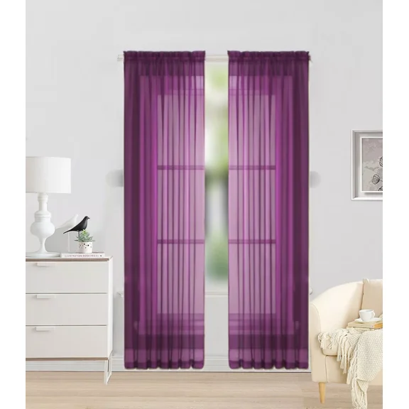 Gorgeous Home Linen Light Filtering Voile Curtain Panel, Solid Color, Rod Pocket 2-Piece Purple