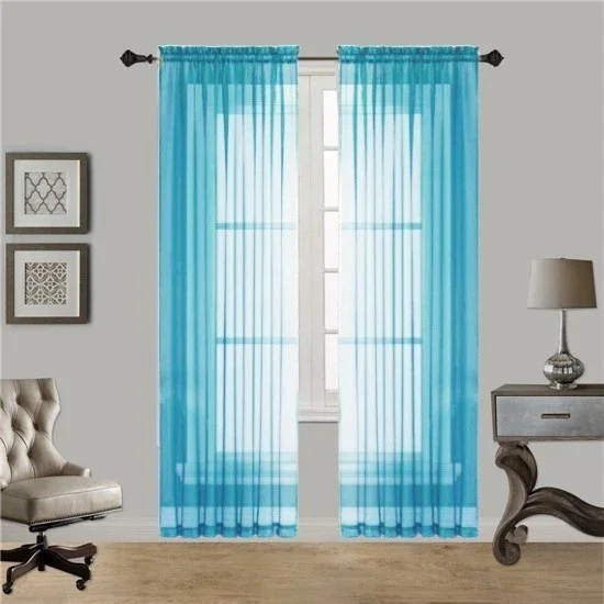 Gorgeous Home 2pc Voile Sheer Window Curtain Panels, Rod Pocket, 84" long Solid Color Turquoise Blue