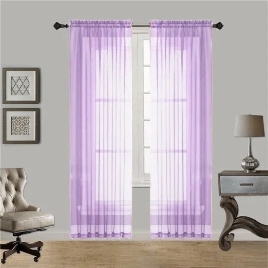 Gorgeous Home 2pc Voile Sheer Window Curtain Panels, Rod Pocket, 84" long Solid Color Lilac