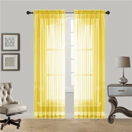 Gorgeous Home 2pc Voile Sheer Window Curtain Panels, Rod Pocket, 84" long Solid Color Yellow