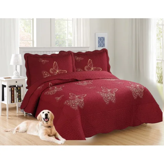 Gorgeous Home Linen Nena Butterfly Embroidery Quilt Set, Heavyweight, Reversible Bedspread, Hypoallergenic