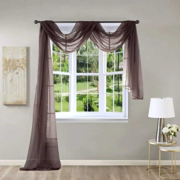 Gorgeous Home Linen Window Voile Sheer Scarf Valance Topper or Party Décor Solid Color Brown 37" Width X 216 " Length 1pc