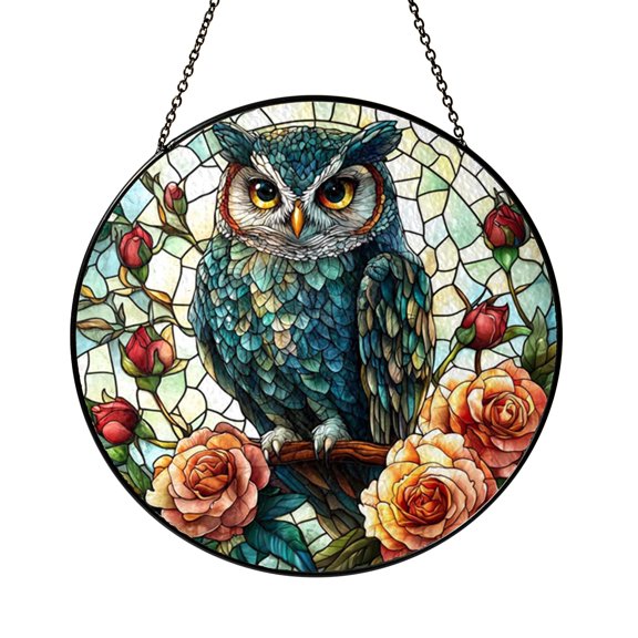 Gorgeous Jade Night Owl and Blooming Roses Nature Suncatcher Decor